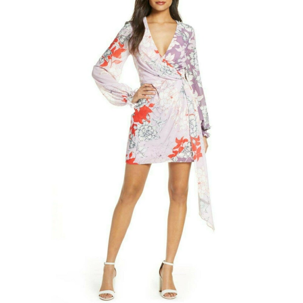 Badgley Mischka Lilac Floral Wrap Mini Dress with Red Accents